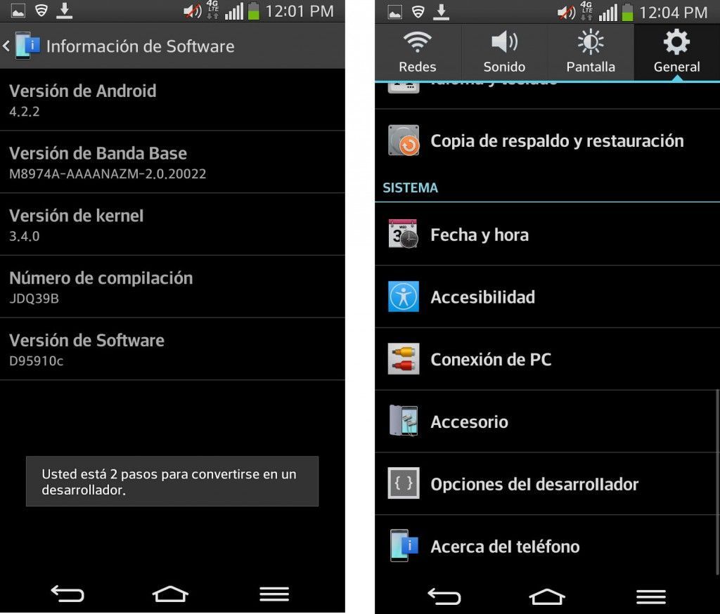 Opcines de Desarrollador